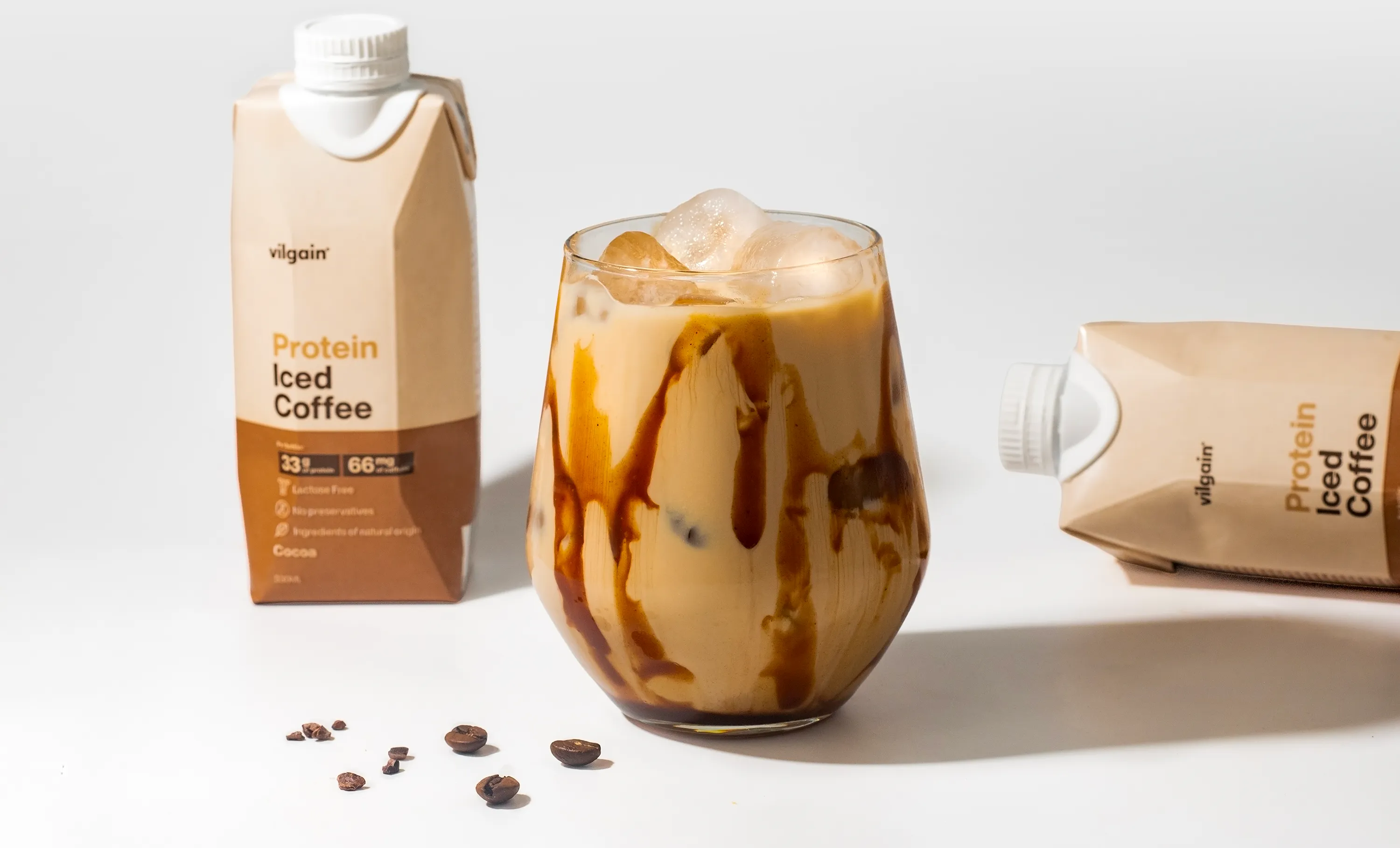 Vilgain proteinové ledové kafé - příchuť kakao, osvěžující nápoj s 33g mléčných bílkovin, káva Robusta s oříškovým profilem, bez laktózy a konzervantů