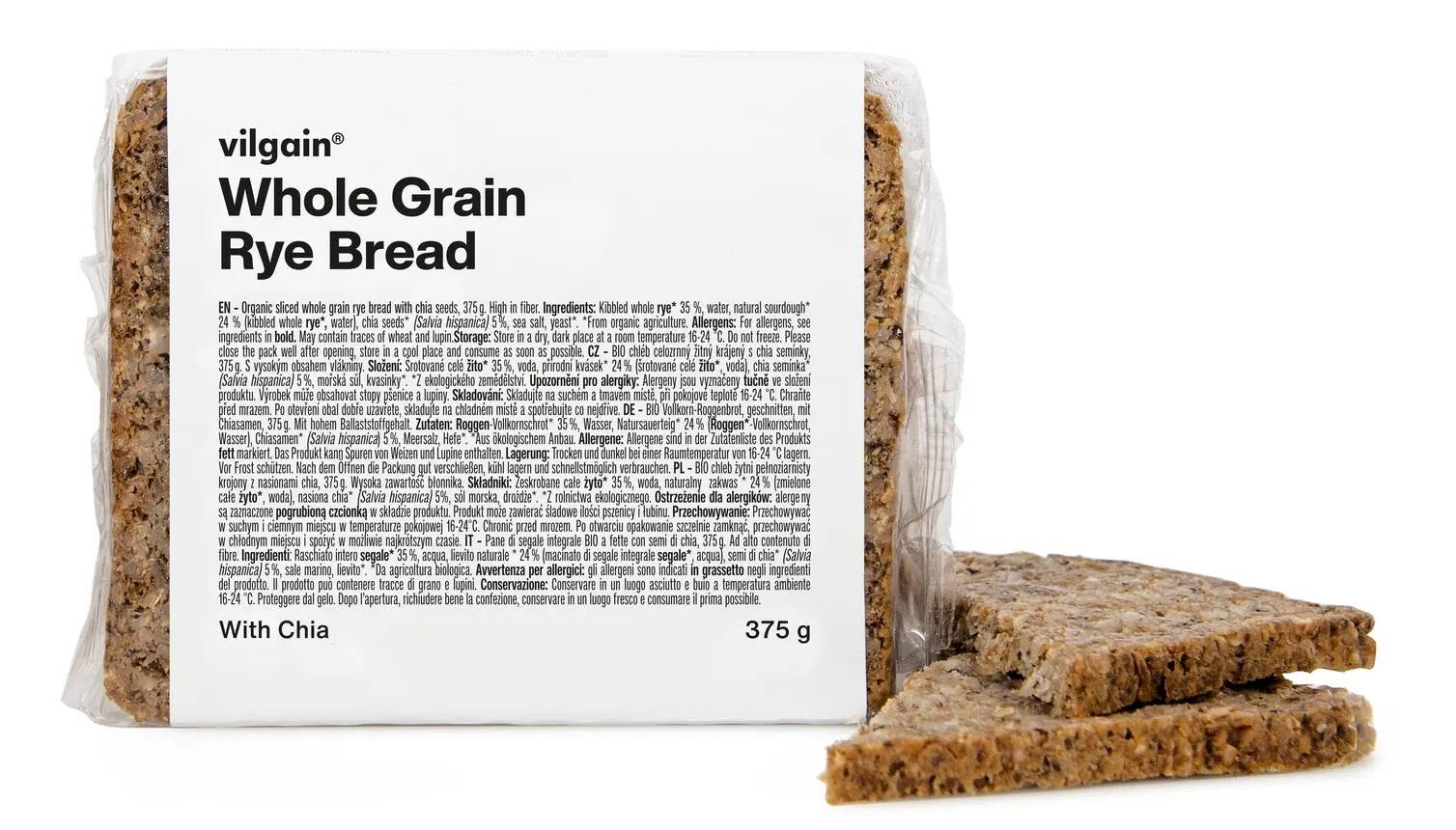 Vilgain Celozrnný žitný chléb BIO – 375 g – výborně stravitelný, plný vlákniny a omega‑3, pouze 7 ingrediencí, s chia semínky