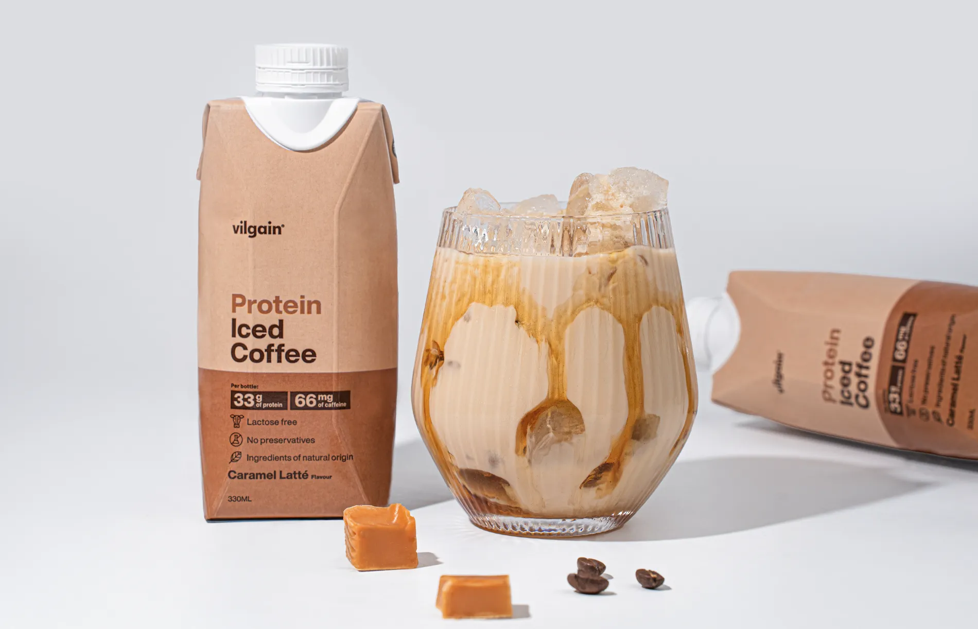 Vilgain proteinové ledové kafé - příchuť karamelové latté, osvěžující nápoj s 33g mléčných bílkovin, káva Robusta s oříškovým profilem, bez laktózy a konzervantů