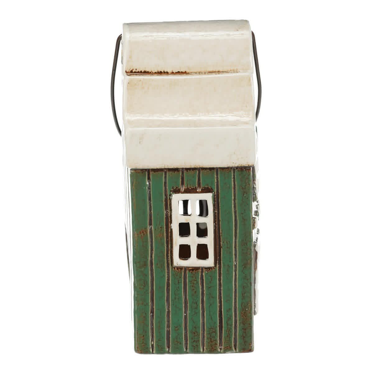 Keramický domeček/svícen - tm. zelený s rukojetí