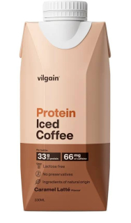 Vilgain proteinové ledové kafé - příchuť karamelové latté, osvěžující nápoj s 33g mléčných bílkovin, káva Robusta s oříškovým profilem, bez laktózy a konzervantů