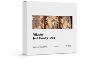 Vilgain Nut Honey Bar BIO ⁠–⁠ Kešu a brusinky ⁠–⁠ křupavý snack, 100% přírodní a raw, doslazeno medem a ovocem, vysoký obsah ořechů